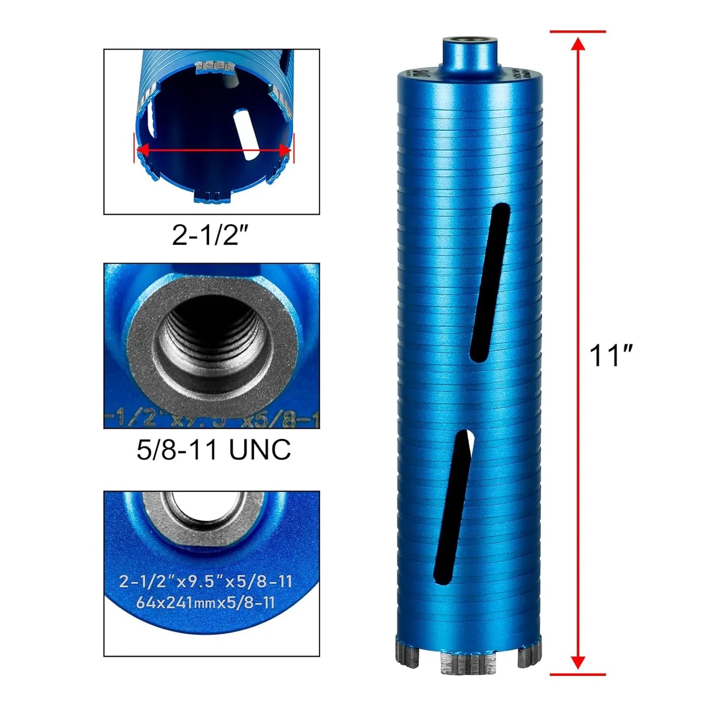 SALI Diamond Core Drill Bits 2 1/2" Diameter 10"/254mm Drilling Depth 5/8-11" Thread Core Bit Turbo Laser-Welded Segments for Cured Concrete with Brick, Block, Masonry, with Two Adapters