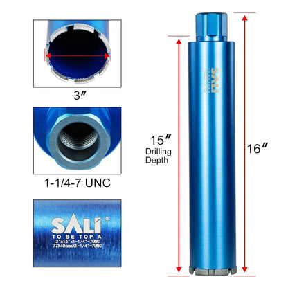 SALI Wet Diamond Core Drill Bits 3"/77mm Diameter, 15"/380mm Drilling Depth Concrete Core Drill Bit, 1-1/4-7" Thread Core Bit Turbo Laser-Welded Segments with Rebar, Brick, Block, Masonry, Stone