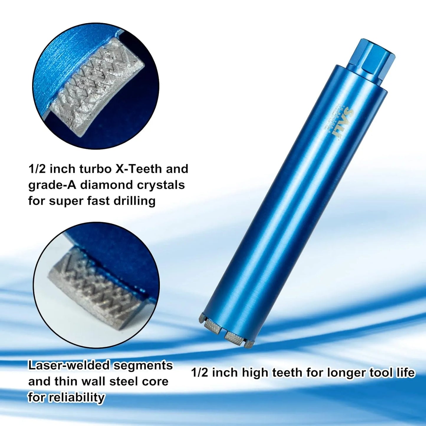 SALI Wet Diamond Core Drill Bits 3"/77mm Diameter, 15"/380mm Drilling Depth Concrete Core Drill Bit, 1-1/4-7" Thread Core Bit Turbo Laser-Welded Segments with Rebar, Brick, Block, Masonry, Stone
