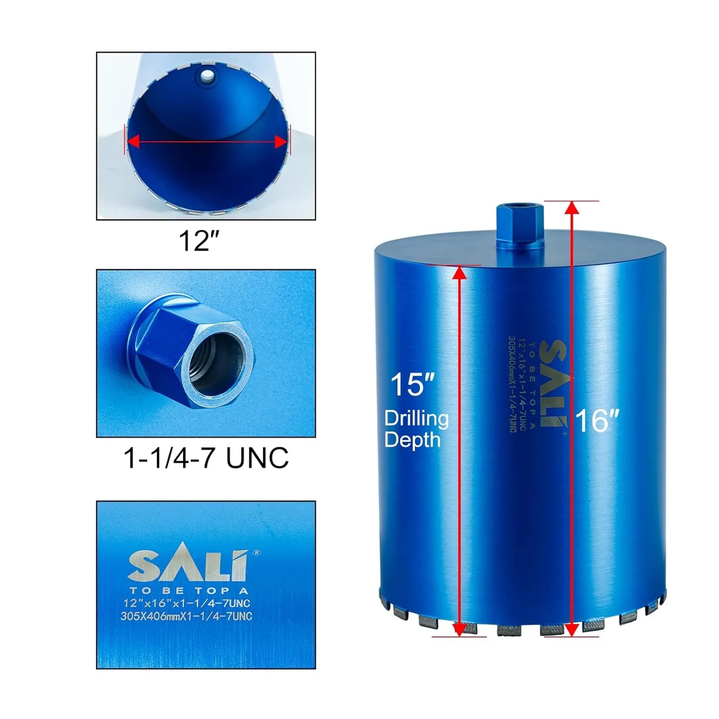 SALI Wet Diamond Core Drill Bits 12"/304mm Diameter, 15"/380mm Drilling Depth Concrete Core Drill Bit, 1-1/4-7" Thread Core Bit Turbo Laser-Welded Segments with Rebar, Brick, Block, Masonry, Stone