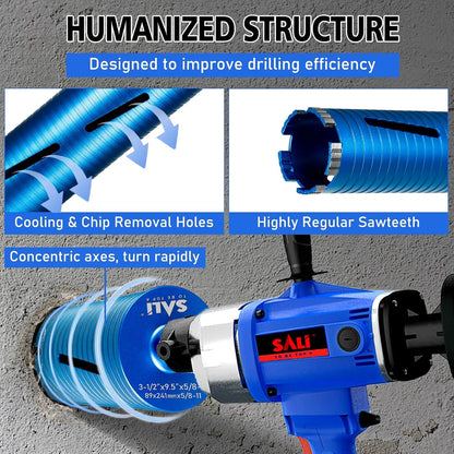 SALI Diamond Core Drill Bits 3 1/2" Diameter 10"/254mm Drilling Depth 5/8-11" Thread Core Bit Turbo Laser-Welded Segments for Cured Concrete with Brick, Block, Masonry, with Two Adapters