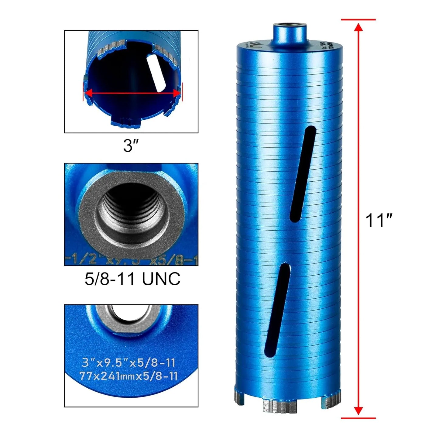 SALI Diamond Core Drill Bits 3" Diameter 10"/254mm Drilling Depth 5/8-11" Thread Core Bit Turbo Laser-Welded Segments for Cured Concrete with Brick, Block, Masonry, with Two Adapters