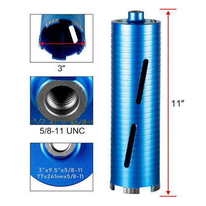 SALI Diamond Core Drill Bits 3" Diameter 10"/254mm Drilling Depth 5/8-11" Thread Core Bit Turbo Laser-Welded Segments for Cured Concrete with Brick, Block, Masonry, with Two Adapters