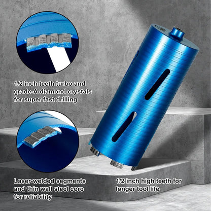 SALI Diamond Core Drill Bits 3" Diameter 10"/254mm Drilling Depth 5/8-11" Thread Core Bit Turbo Laser-Welded Segments for Cured Concrete with Brick, Block, Masonry, with Two Adapters