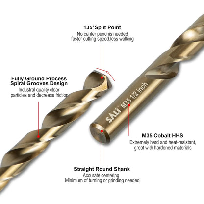 SALI Cobalt Drill Bit Set, M35 High Speed Steel Jobber Length Drill Bit Kit for Hardened Metal, Stainless Steel, Cast Iron, Wood and Plastic, with Index Storage Case