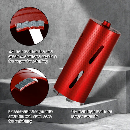 SALI Dry Diamond Core Drill Bits with Center Drill, 5/8"-11 Thread Turbo Core Bits, Laser Welded Segments for Cured Concrete, Brick and Block Masonrycrete with Brick Block Masonry with Two Adapters（Red）