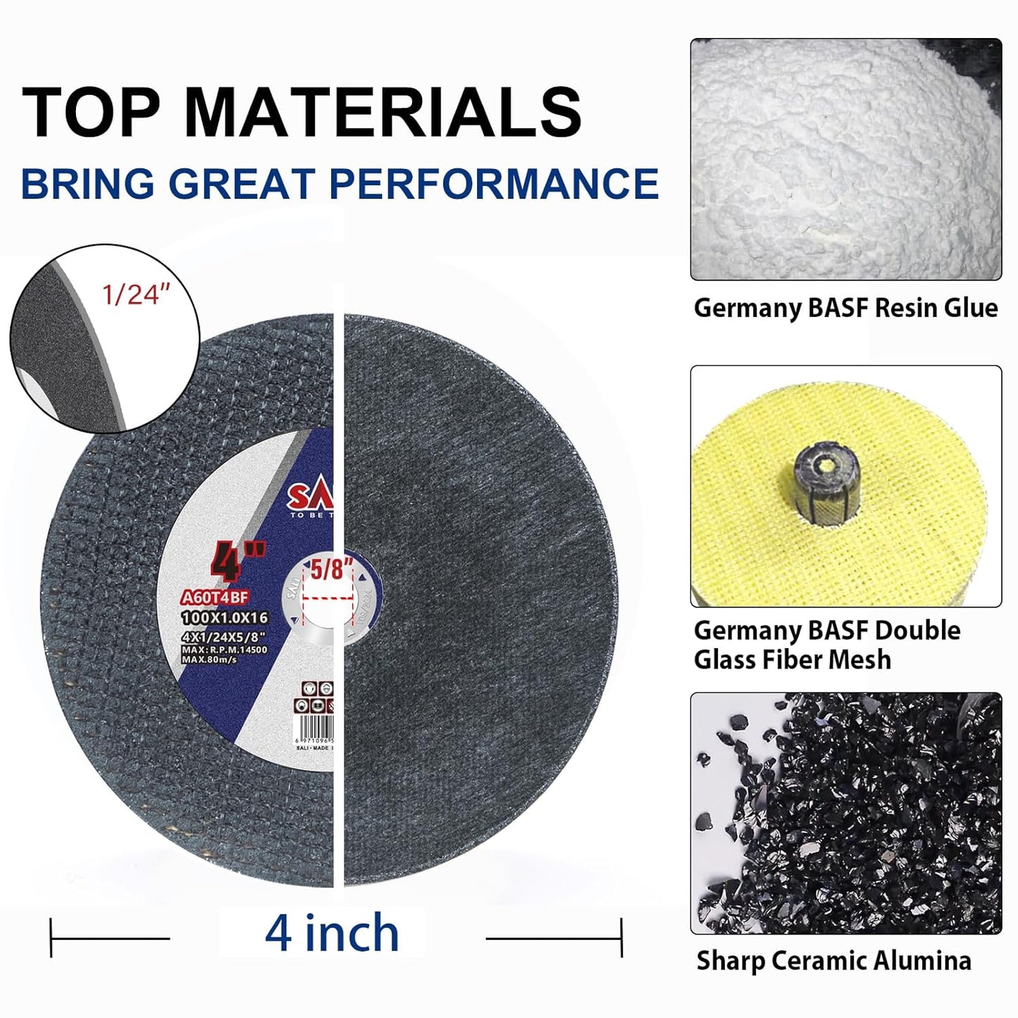 SALI 50 Pack Cut Off Wheels 4 Inch General Purpose Metal Cutting Wheel for 4" Grinders- Cutting Disc Aggressive Cutting 4" x 1/24" x 5/8" Operating Up to 14500 RPM and 80 M/S