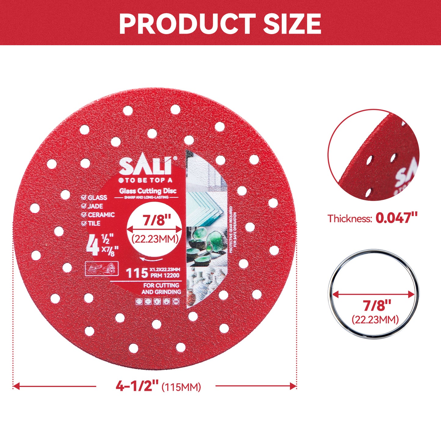 SALI 4-1/2 Inch Premium Continuous Rim Diamond Saw Blade with Cooling Holes, Wet & Dry Cutting for Porcelain Tile, Ceramic, Glass and Marble