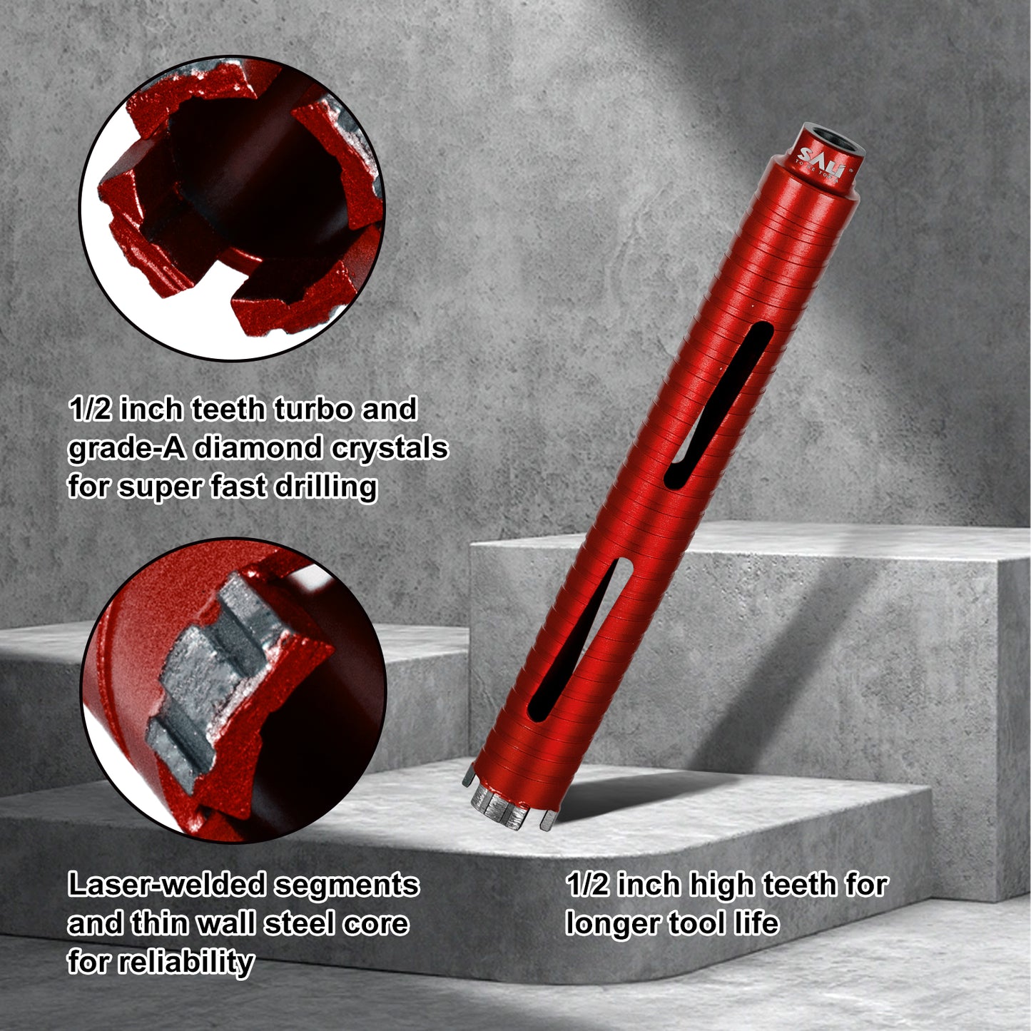 SALI Dry Diamond Core Drill Bits with Center Drill, 5/8"-11 Thread Turbo Core Bits, Laser Welded Segments for Cured Concrete, Brick and Block Masonrycrete with Brick Block Masonry with Two Adapters（Red）