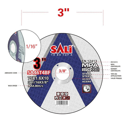 SALI Cut Off Wheels 3 Inch General Purpose Metal Cutting Wheel for 3 in Angle Grinders and Die Grinders- Cutting Disc Aggressive Cutting 3" x 1/16" x 3/8" Operating Up to 20380 RPM and 80 M/S