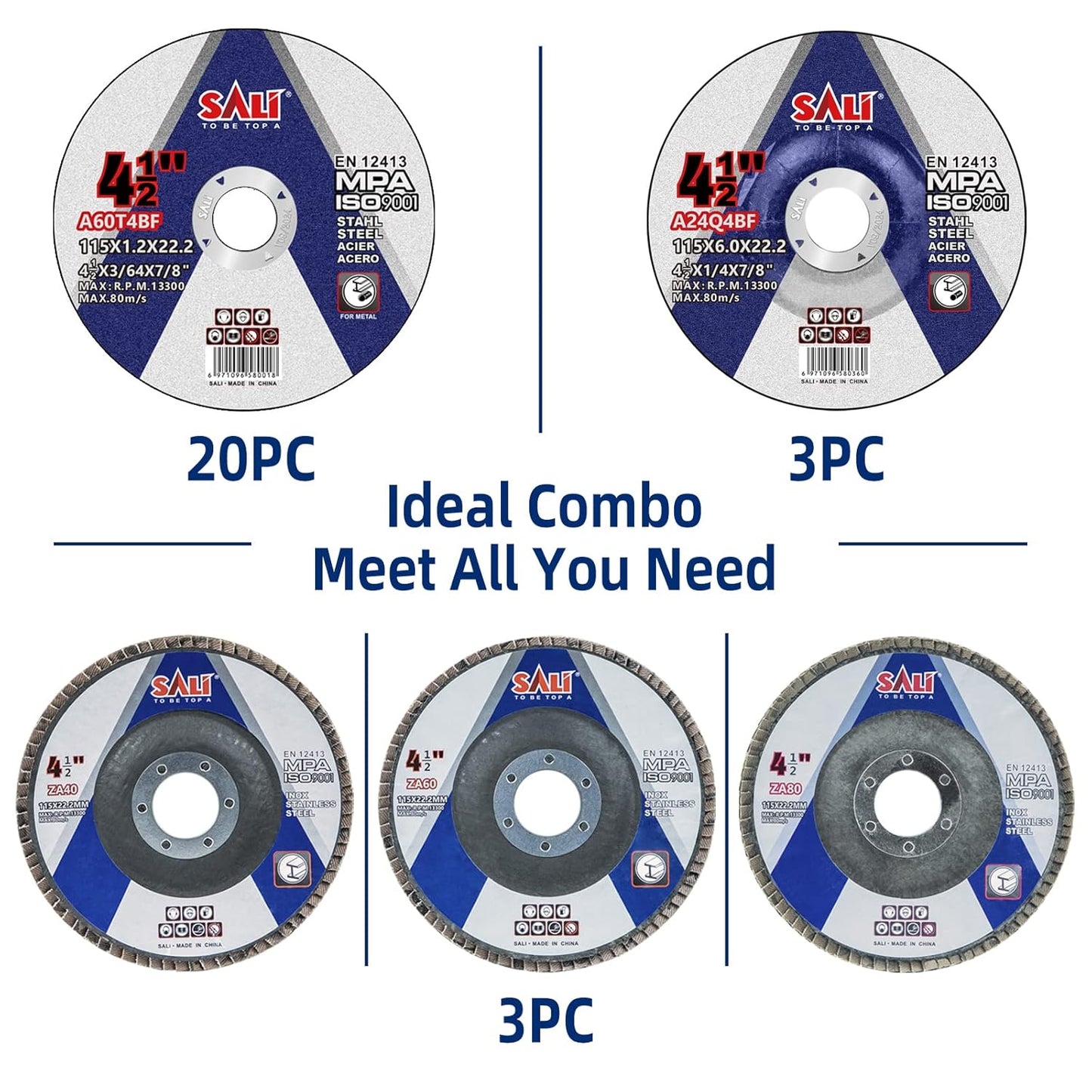 SALI 26pcs Grinding & Cutting Wheels 4.5" Set,Angle Grinder Wheel Set,20pcs Cut Off Wheels,3pcs Grinding Wheel,3pcs 4.5” Flap Discs, with 7/8" Arbor for Angle Grinder for Cutting Grinding