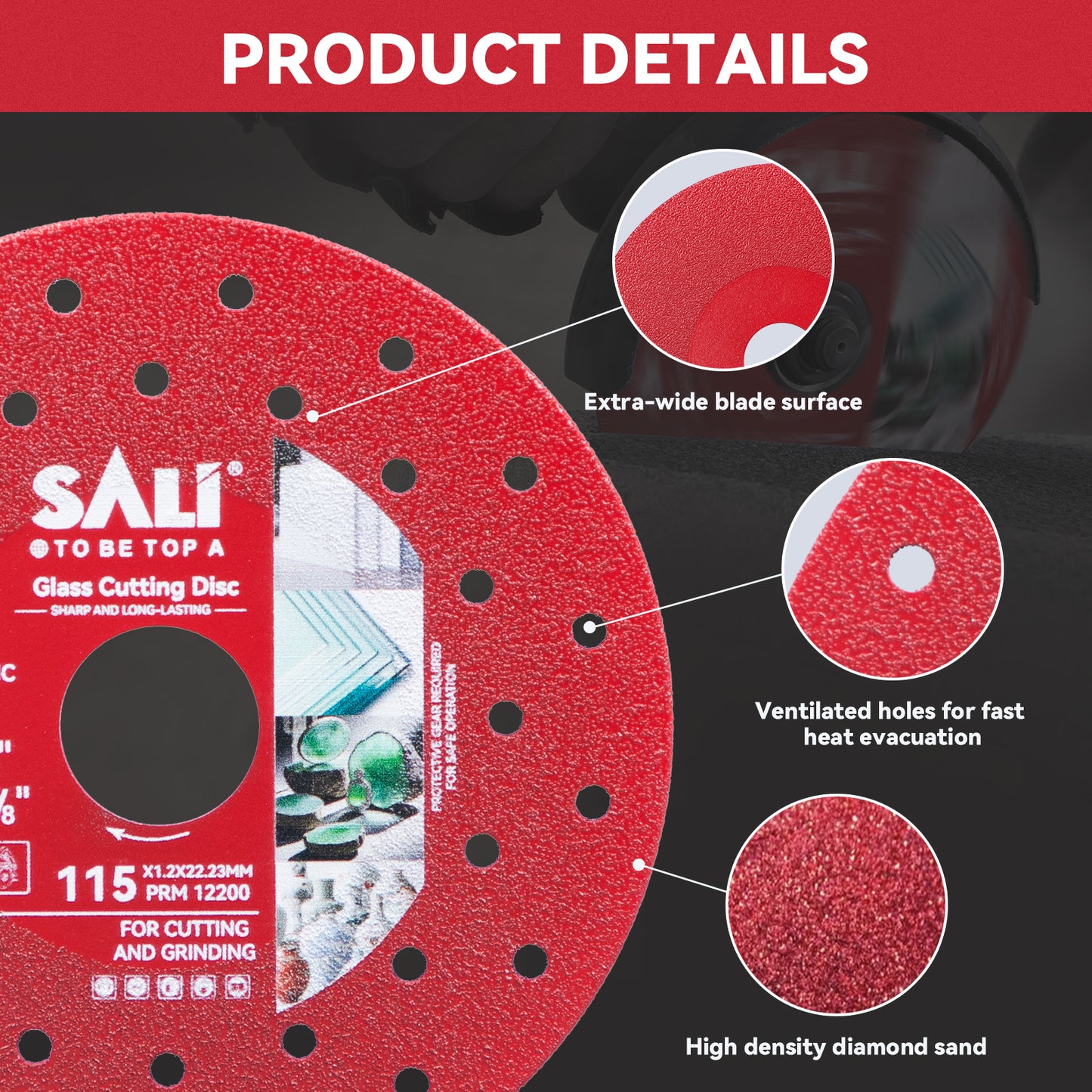 SALI 4-1/2 Inch Premium Continuous Rim Diamond Saw Blade with Cooling Holes, Wet & Dry Cutting for Porcelain Tile, Ceramic, Glass and Marble