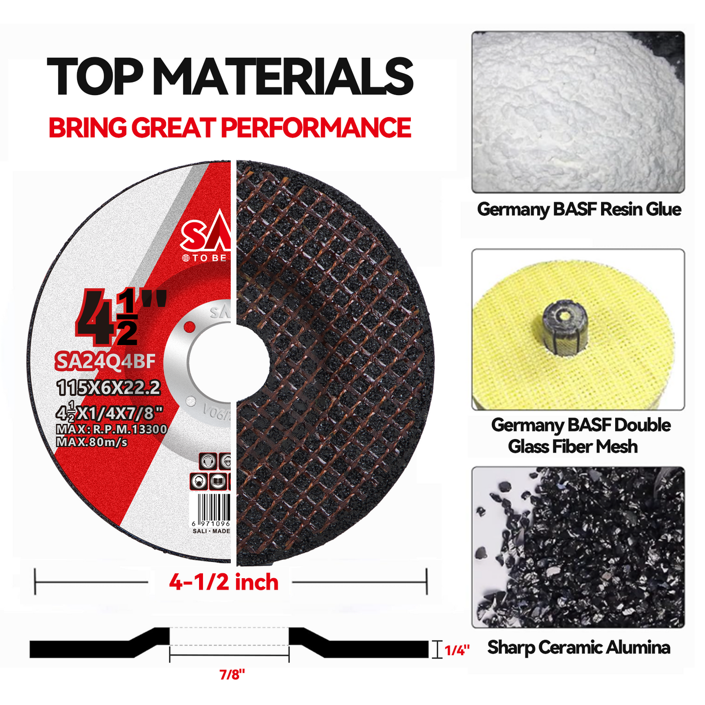 SALI 4-1/2 Inch Grinding Wheels, 6.0mm Thick Aluminum Oxide Type 27 Depressed Center Grinding Discs for Angle Grinder, Heavy Duty Abrasive Wheels for Stainless Steel and Metal Grinding