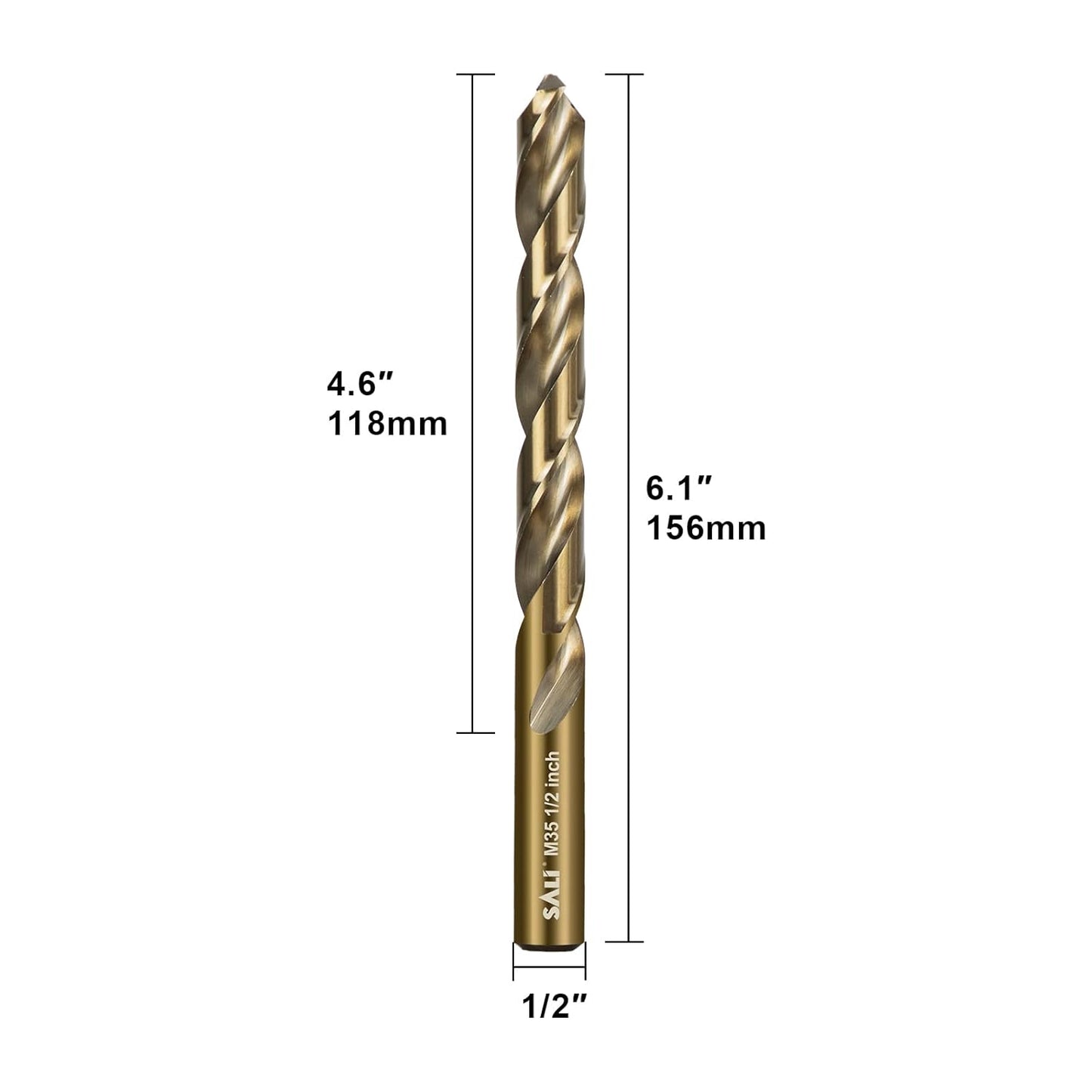 SALI Cobalt Drill Bit Set, 5Pcs 1/2" M35 High Speed Steel Jobber Length Drill Bit Kit for Hardened Metal, Stainless Steel, Cast Iron, Wood and Plastic, with Index Storage Case
