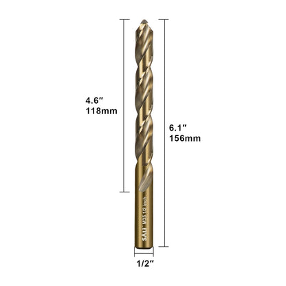 SALI Cobalt Drill Bit Set, 5Pcs 1/2" M35 High Speed Steel Jobber Length Drill Bit Kit for Hardened Metal, Stainless Steel, Cast Iron, Wood and Plastic, with Index Storage Case