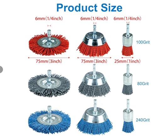 SALI 9 Pack Nylon Filament Abrasive Wire Brush Wheel & Cup Brush Set with 1/4 Inch Hex Shank, 3 Sizes Nylon Drill Brush Set for Removal of Rust Corrosion Paint