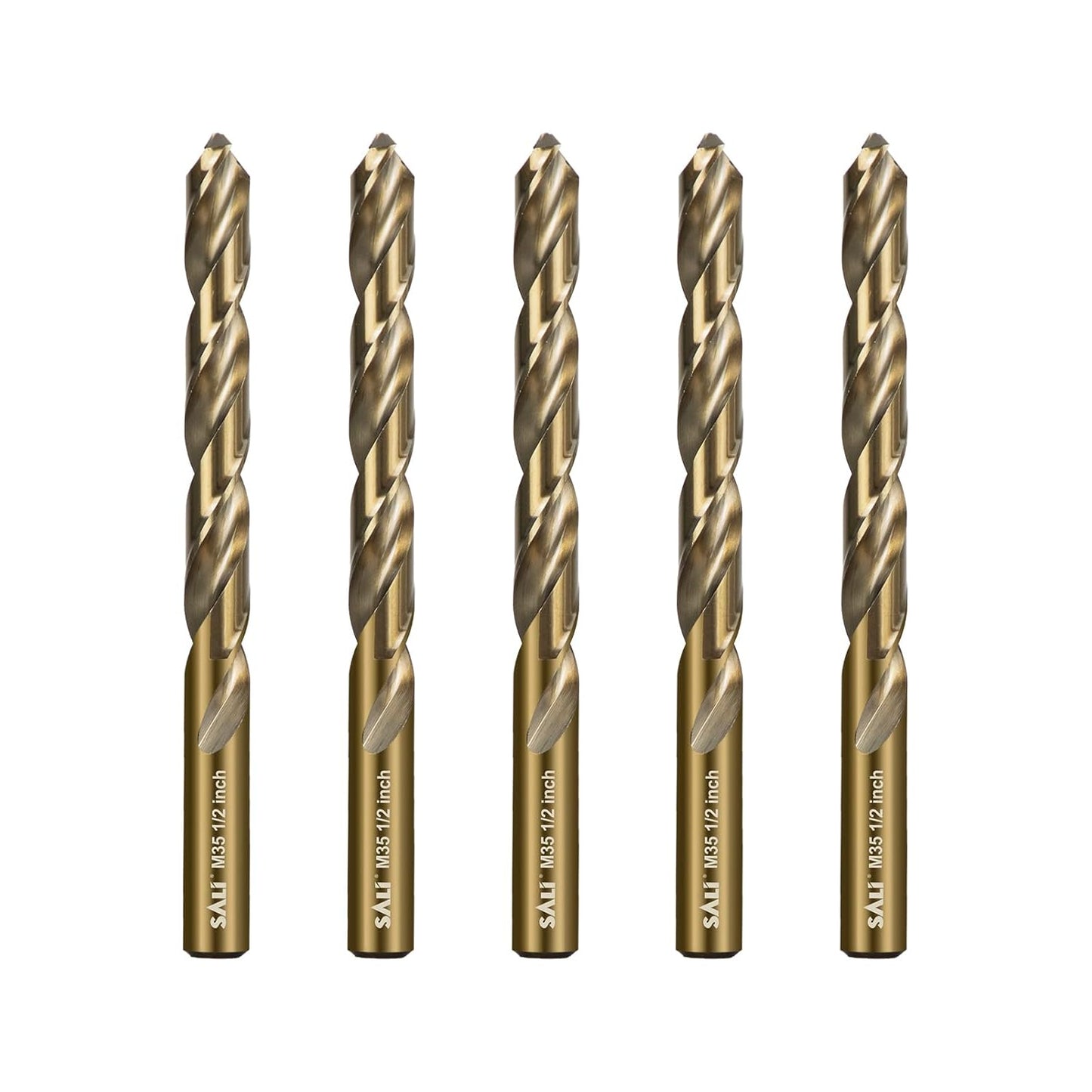 SALI Cobalt Drill Bit Set, 5Pcs 1/2" M35 High Speed Steel Jobber Length Drill Bit Kit for Hardened Metal, Stainless Steel, Cast Iron, Wood and Plastic, with Index Storage Case