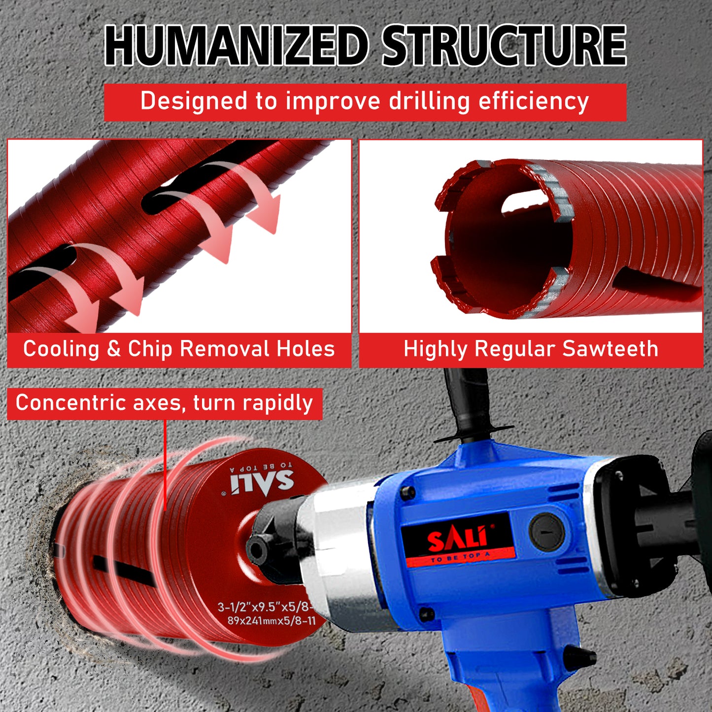 SALI Dry Diamond Core Drill Bits with Center Drill, 5/8"-11 Thread Turbo Core Bits, Laser Welded Segments for Cured Concrete, Brick and Block Masonrycrete with Brick Block Masonry with Two Adapters（Red）