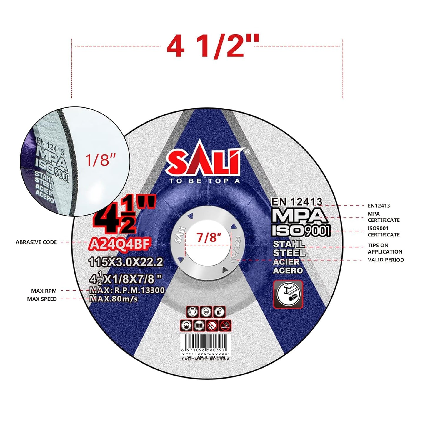 SALI 25 Pack 4-1/2 Inch Grinding Wheels for General Purpose Metal & Stainless Steel, Aluminum Oxide Grinding Disc for Angle Grinder, Depressed Center 4.5" * 1/8" * 7/8"(115 * 3.0 * 22.2 mm)
