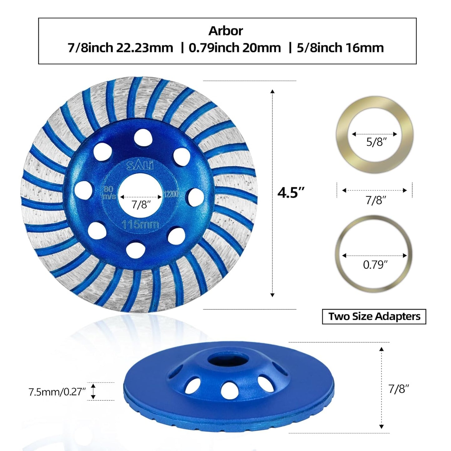 SALI Diamond Concrete Grinding Wheel 4 1/2 inch for Polishing and Cleaning Stone Concrete Surface, Cement, Marble, Rock, Granite, and Thinset Removing, Angle Grinder Turbo Wheels Cup 115*22.2*20 MM…