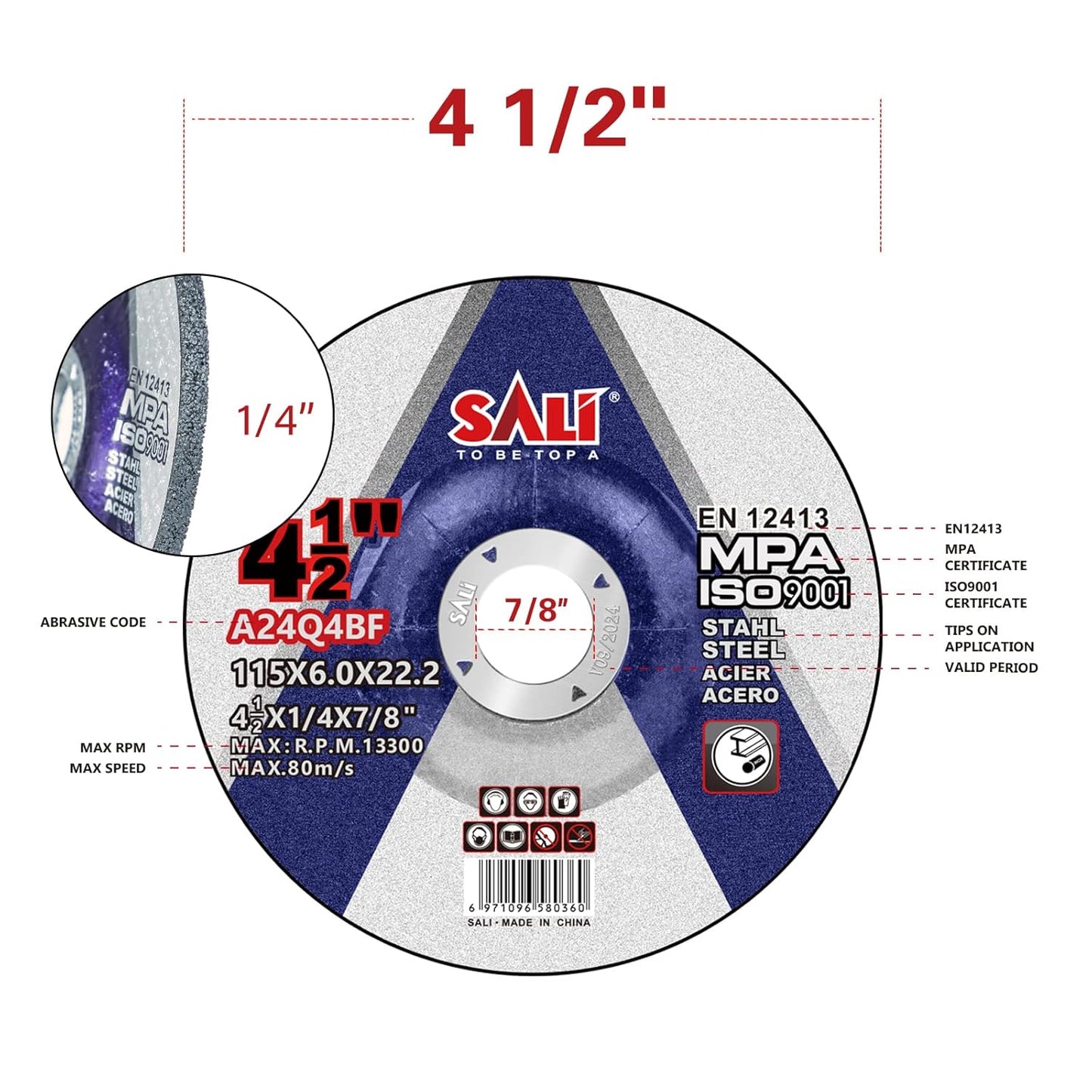 SALI 10 Pack 4-1/2 Inch Grinding Wheels for General Purpose Metal & Stainless Steel, Aluminum Oxide Grinding Disc for Angle Grinder, Depressed Center 4.5" * 1/4" * 7/8"(115 * 6.0 * 22.2 mm)