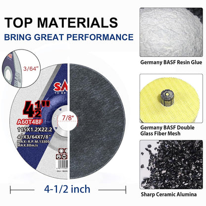 SALI 40 Pack Cut Off Wheels 4.5 Inch General Purpose Metal Depressed Center Cutting Wheel for 4.5" Grinders- Cutting Disc Aggressive Cutting 4.5" x 3/64" x 7/8" Operating Up to RPM 13300 and 80 M/S