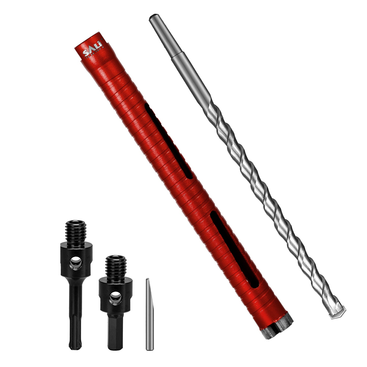 SALI Dry Diamond Core Drill Bits with Center Drill, 5/8"-11 Thread Turbo Core Bits, Laser Welded Segments for Cured Concrete, Brick and Block Masonrycrete with Brick Block Masonry with Two Adapters（Red）