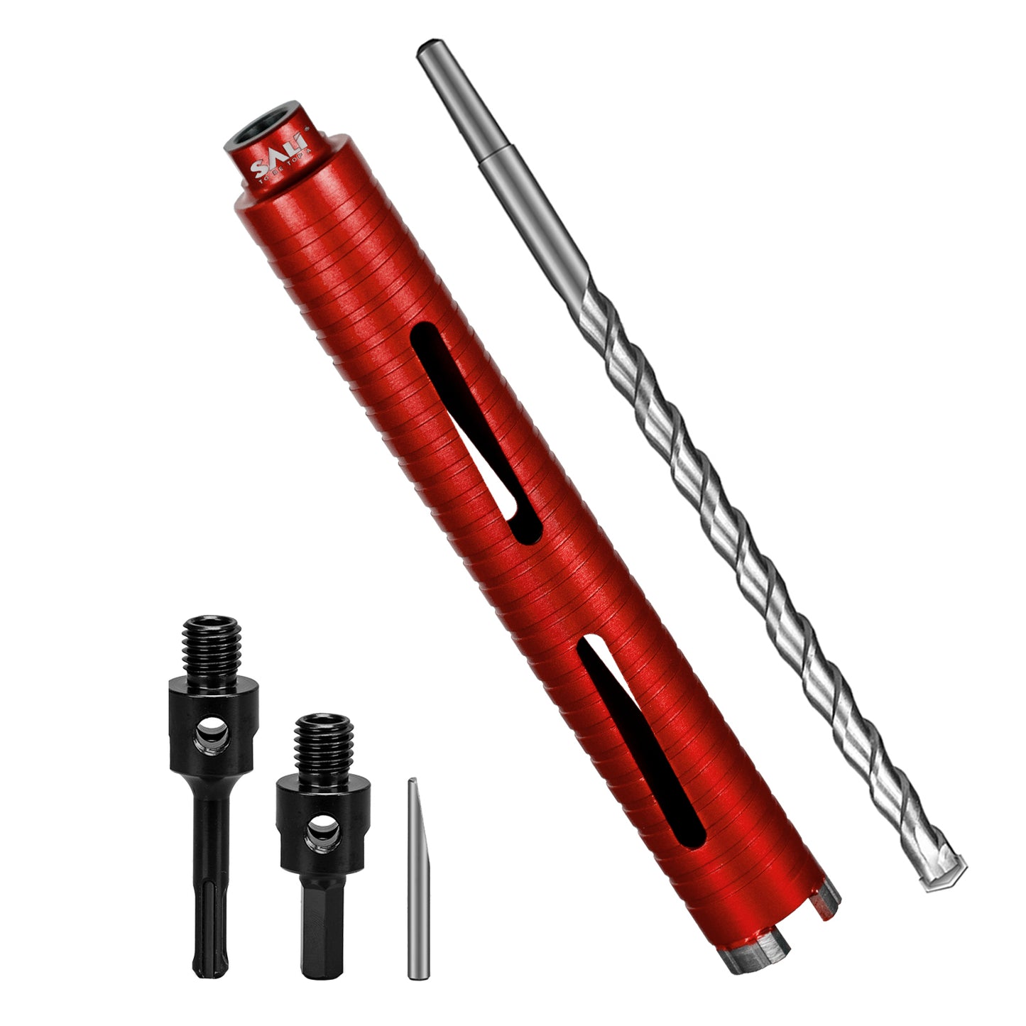 SALI Dry Diamond Core Drill Bits with Center Drill, 5/8"-11 Thread Turbo Core Bits, Laser Welded Segments for Cured Concrete, Brick and Block Masonrycrete with Brick Block Masonry with Two Adapters（Red）