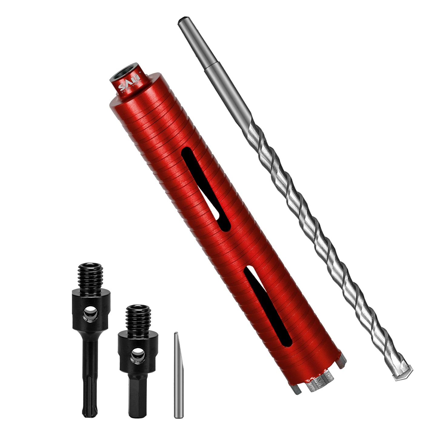 SALI Dry Diamond Core Drill Bits with Center Drill, 5/8"-11 Thread Turbo Core Bits, Laser Welded Segments for Cured Concrete, Brick and Block Masonrycrete with Brick Block Masonry with Two Adapters（Red）