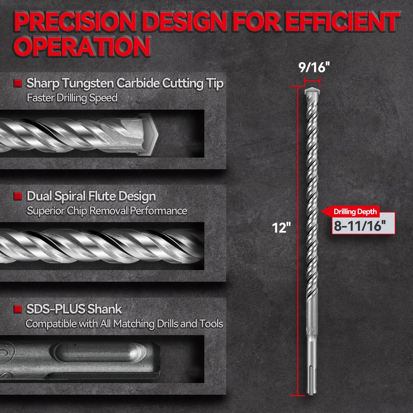 SALI 10PCS SDS Plus Rotary Hammer Drill Bit Set, Carbide Tipped Concrete Drill Bits for Brick, Block, Stone and Masonry, Heavy Duty Hammer Drill Accessories with Storage Case