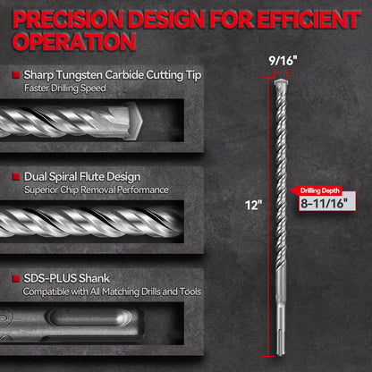 SALI 10PCS SDS Plus Rotary Hammer Drill Bit Set, Carbide Tipped Concrete Drill Bits for Brick, Block, Stone and Masonry, Heavy Duty Hammer Drill Accessories with Storage Case