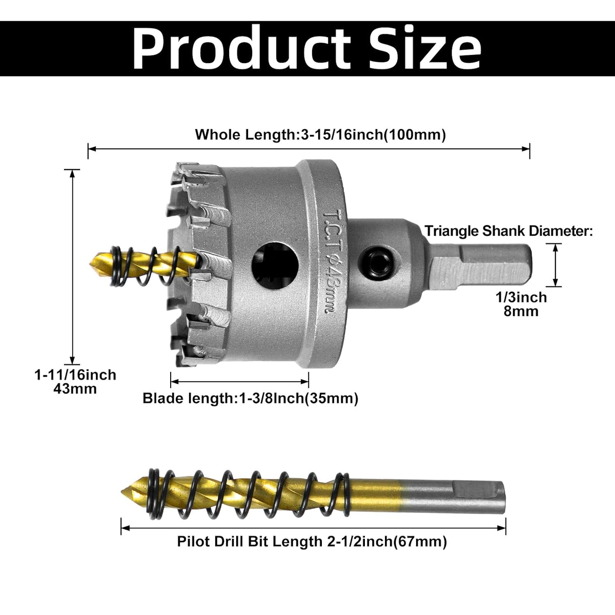 SALI 1-11/16" TCT Hole Saw Kit with Titanium-Plated Pilot Drill for Metal & Stainless Steel