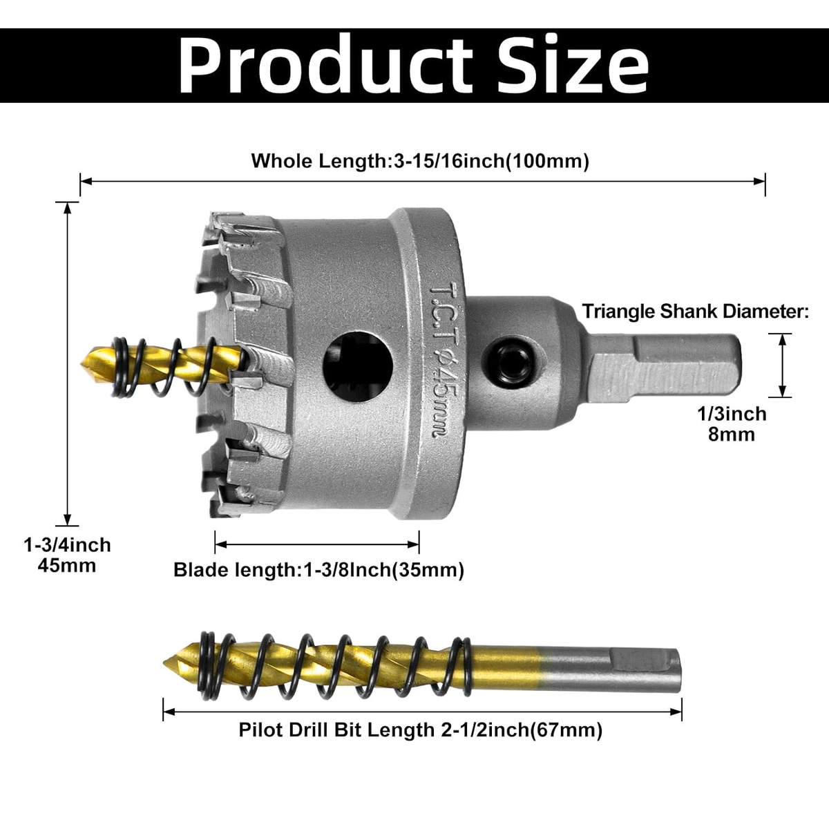 SALI 1-3/4"(45mm) TCT Hole Saw Kit with Titanium-Plated Pilot Drill for Metal & Stainless Steel