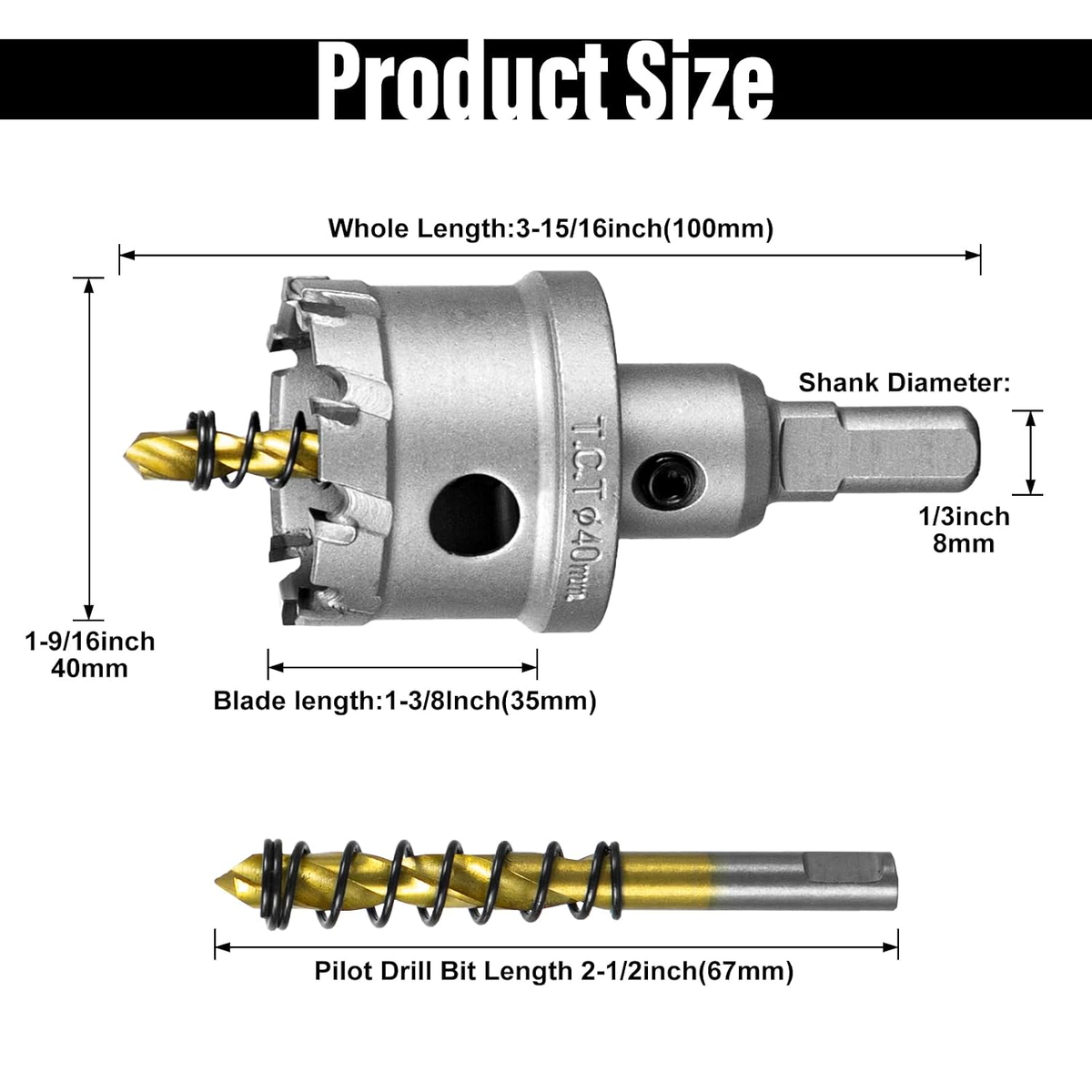 SALI 1-9/16" TCT Hole Saw Kit with Titanium-Plated Pilot Drill for Metal & Stainless Steel