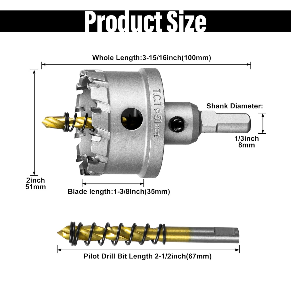 SALI 2" TCT Hole Saw Kit with Titanium-Plated Pilot Drill for Metal & Stainless Steel